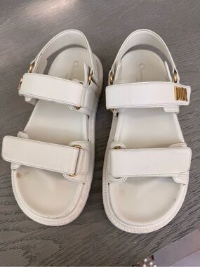 Dior White Leather Sandals with Gold Dior Accent